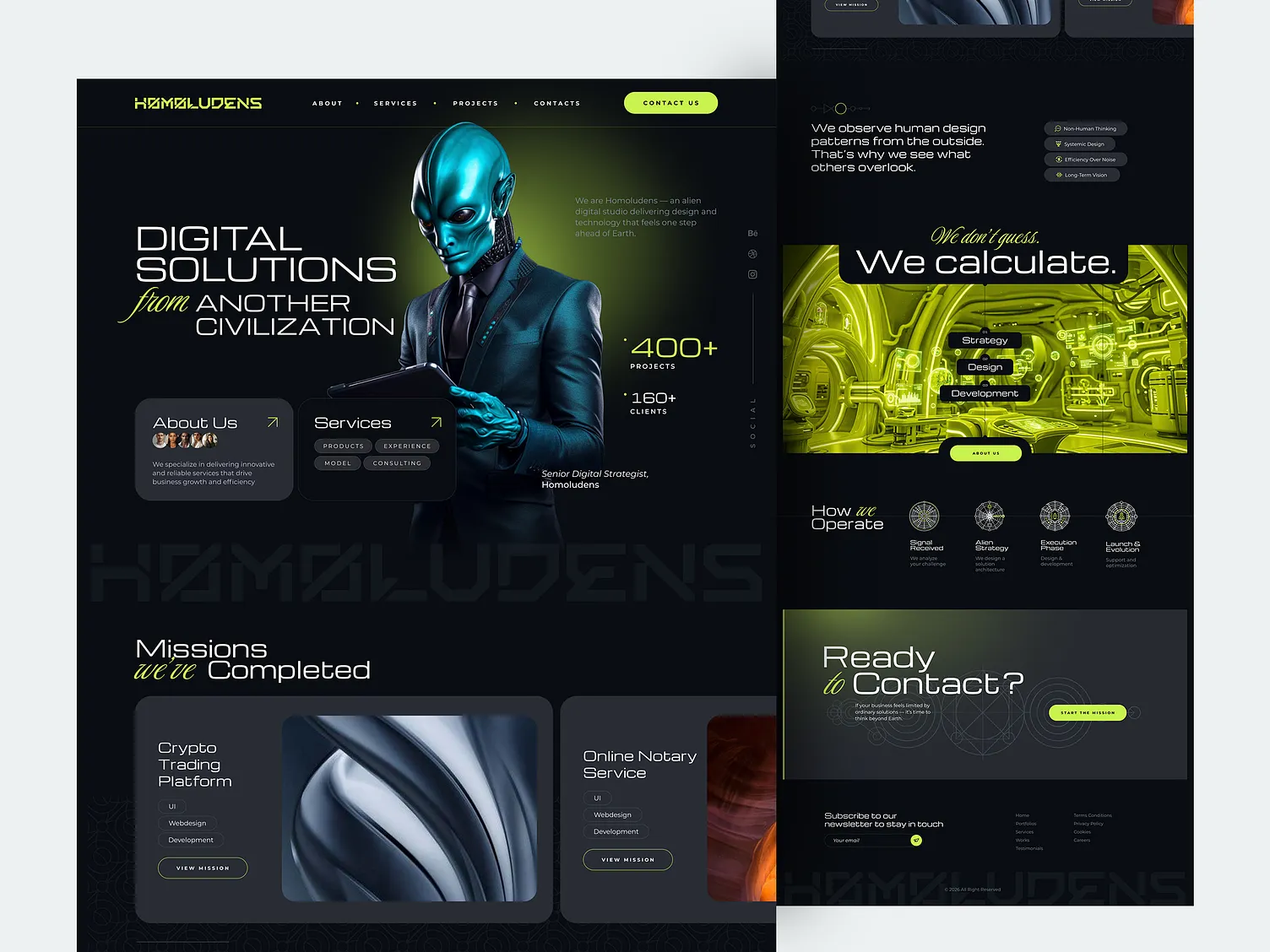 Homoludens alien-themed studio website concept