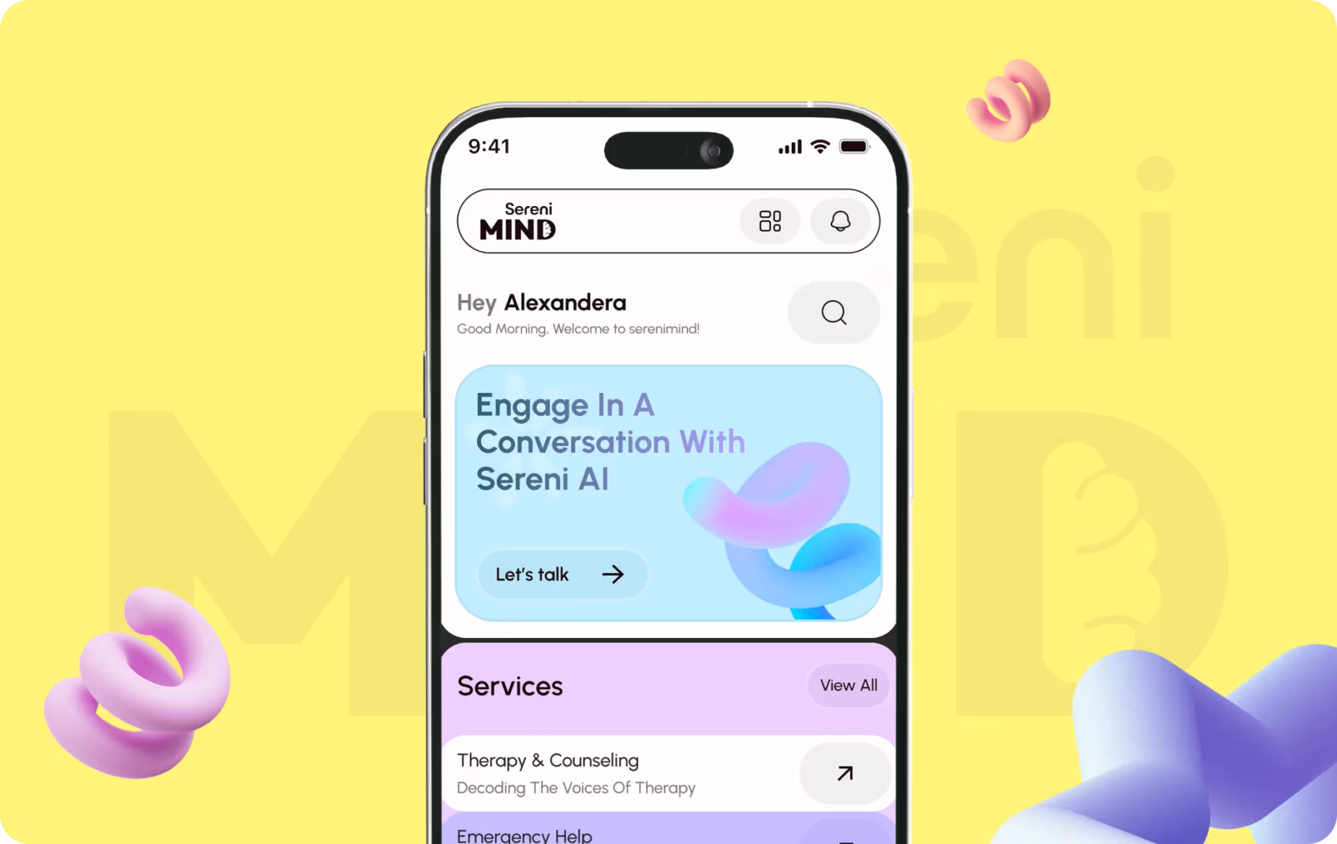 Sereni Mind mental health app shown on a phone